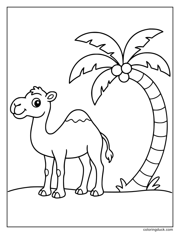 Smiling dromedary camel resting under a single palm tree curving into a D shape.