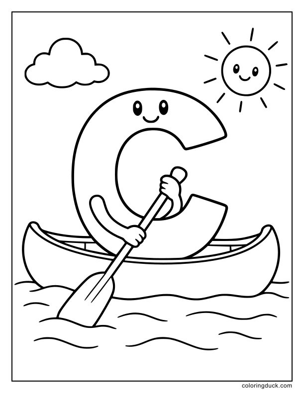 Wooden canoe drifting slowly down the stream carrying a large letter C.
