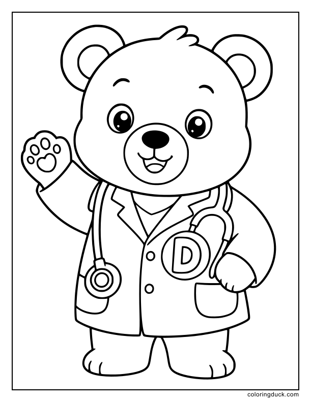 Friendly bear doctor wearing a stethoscope with a big letter D badge.