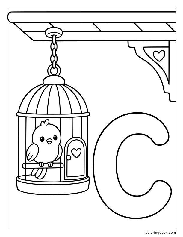 Gently swaying, a charming birdcage hanging peacefully next to the letter C.