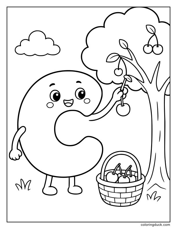 Hanging from the branch, a sweet red cherry dropping into a basket by the letter C.