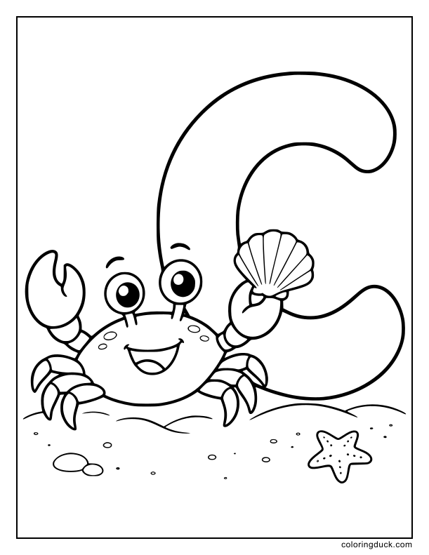 Happy cartoon crab pinching a beautiful shell right next to a big letter C.