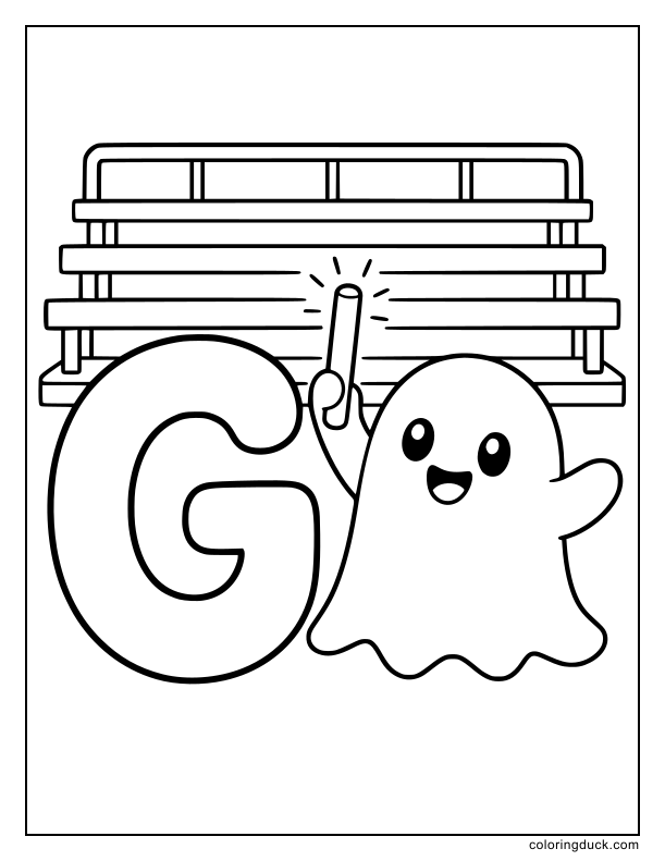 Happy ghost cheering with a glow stick on a grandstand by a letter G.