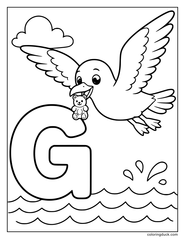 Seagull soaring through the sky holding a gummy bear next to a large G.