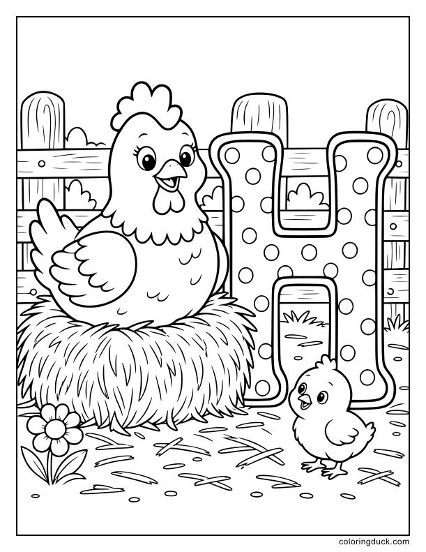 Proud mother hen sitting comfortably on a hay bale next to a polka-dot patterned letter H.