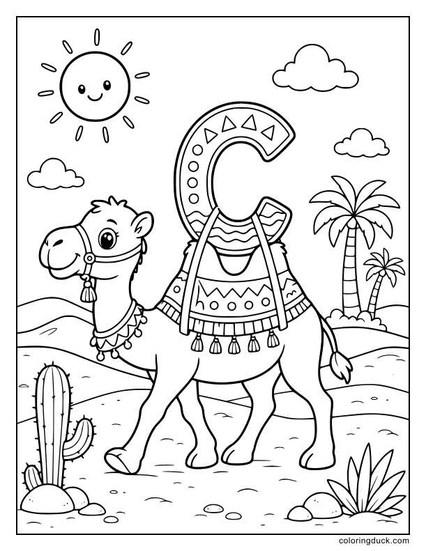 Desert camel carrying a giant letter C on its humps while walking over sand dunes.