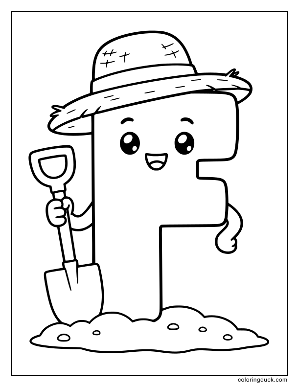 Big letter F wearing a straw farmer hat holding a simple shovel.