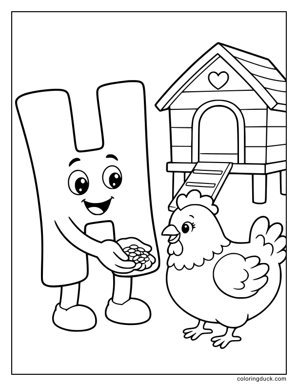 Smiling letter H offering a handful of seeds to a plump little hen.