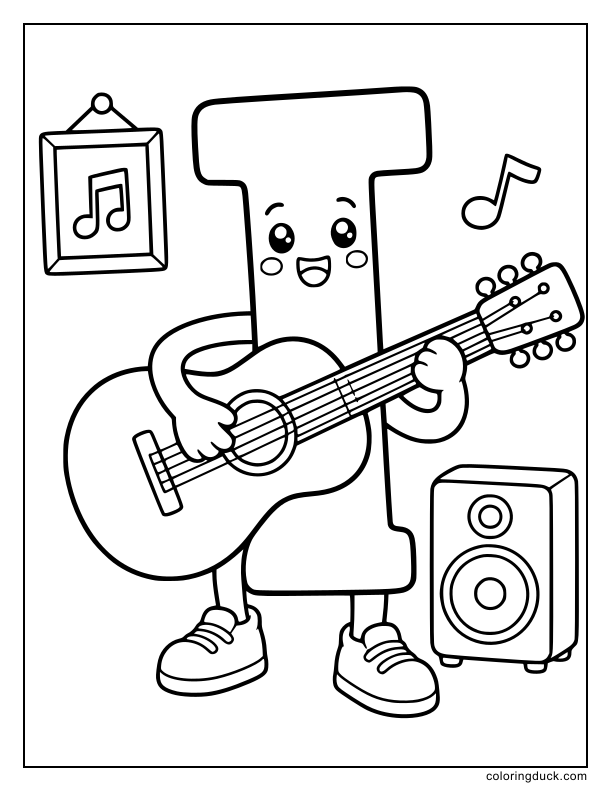 Joyful uppercase letter I strumming a large simple guitar instrument.