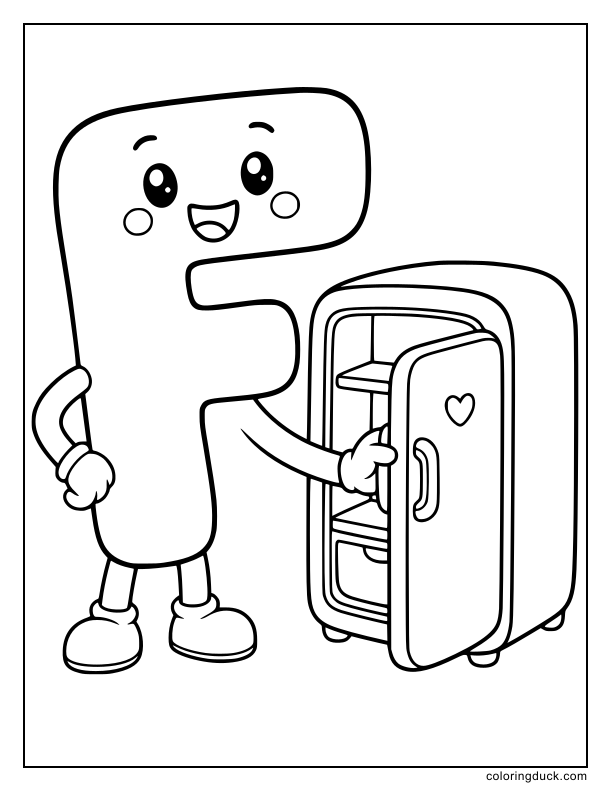 Giant letter F opening the door of a cute miniature refrigerator.