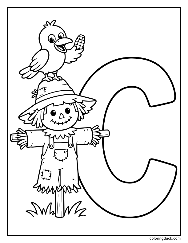 Perched on the scarecrow, a clever crow holding a kernel beside the letter C.