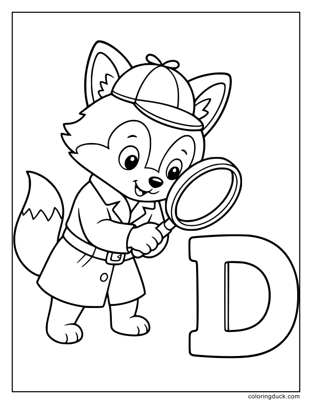 Clever fox holding up a giant magnifying glass over a mystery letter D block.