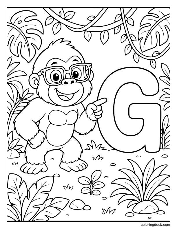 Clever gorilla wearing reading glasses pointing at a letter G in a dense jungle clearing.