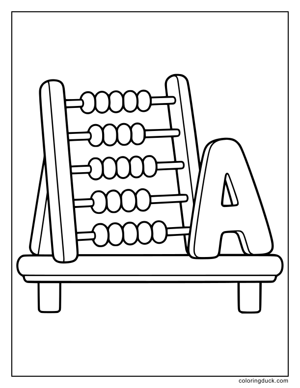 Wooden counting frame with large beads leaning against a letter A.