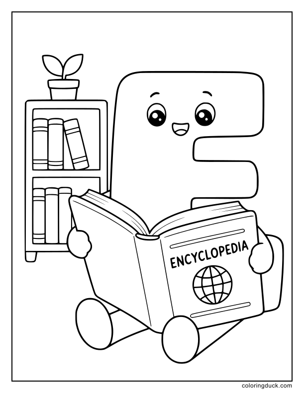Smart letter E sitting on the floor reading a massive encyclopedia book.