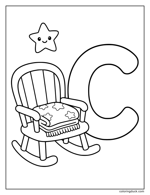 Cozy rocking chair waiting quietly with a folded blanket near a large letter C.