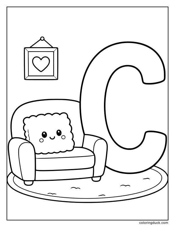 Soft comfortable couch resting in the middle of the room next to a letter C.