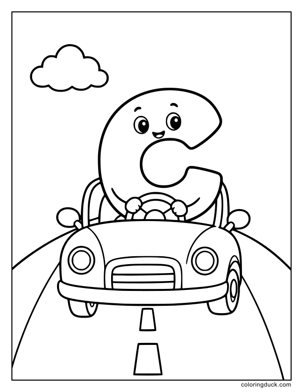 Fast race car zooming past a large letter C sign on the open road.