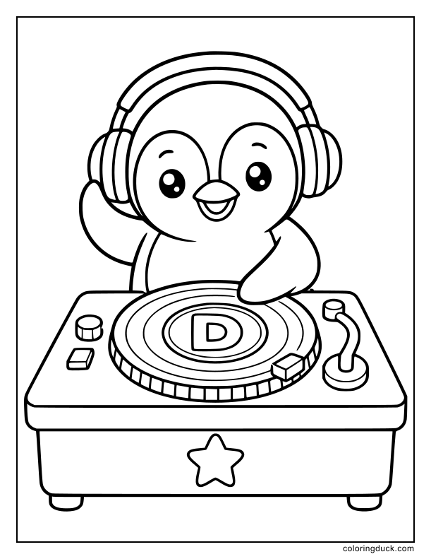 Cool penguin wearing headphones spinning a big vinyl record with a D on it.