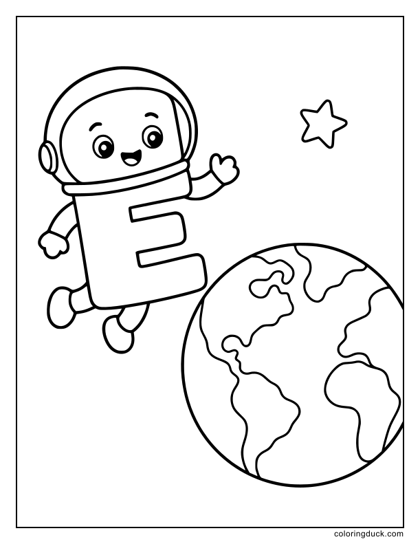 Astronaut letter E floating while looking at the planet Earth.