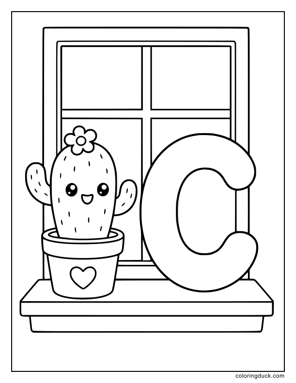Happy cactus sitting quietly in a small pot next to the letter C.