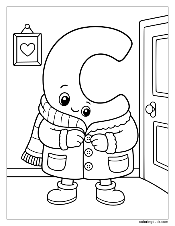 Warm winter coat keeping a giant letter C snug alongside a thick scarf.