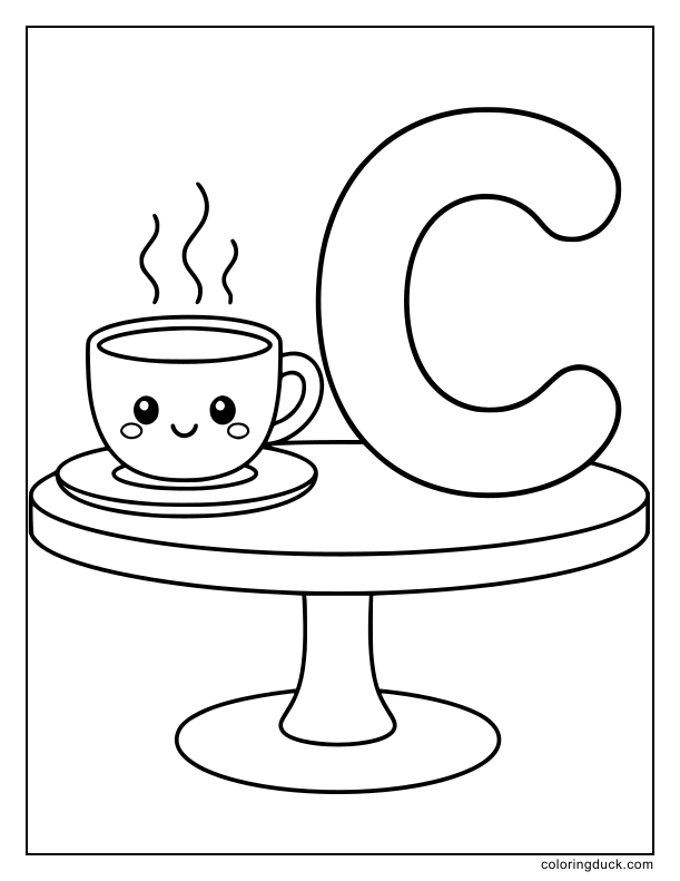 Steaming cup waiting nicely on a saucer beside a cheerful letter C.