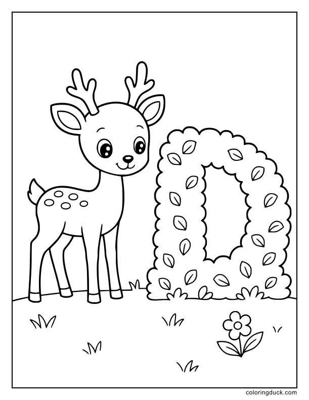 Gentle deer nibbling on leaves next to a giant topiary bush shaped like a D.