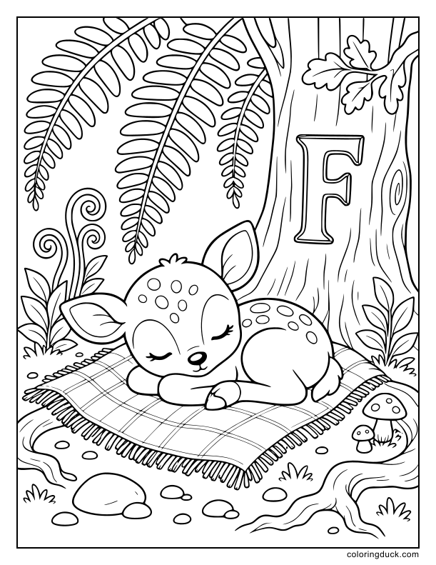 Sleepy baby fawn resting comfortably under some large fern leaves.
