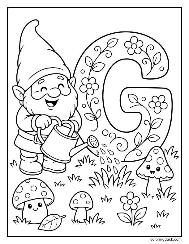 Cheerful garden gnome watering tall grass and mushrooms around a decorative letter G.