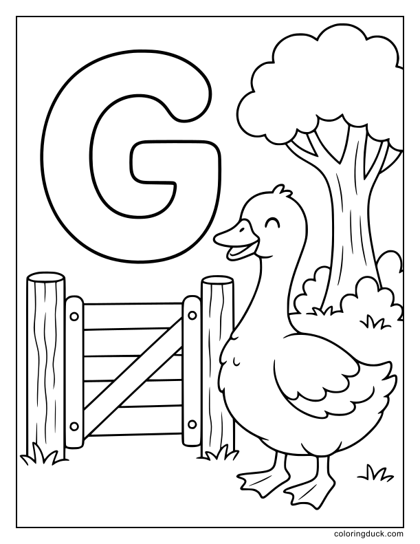 Fluffy goose standing by a wooden gate beside a giant letter G.