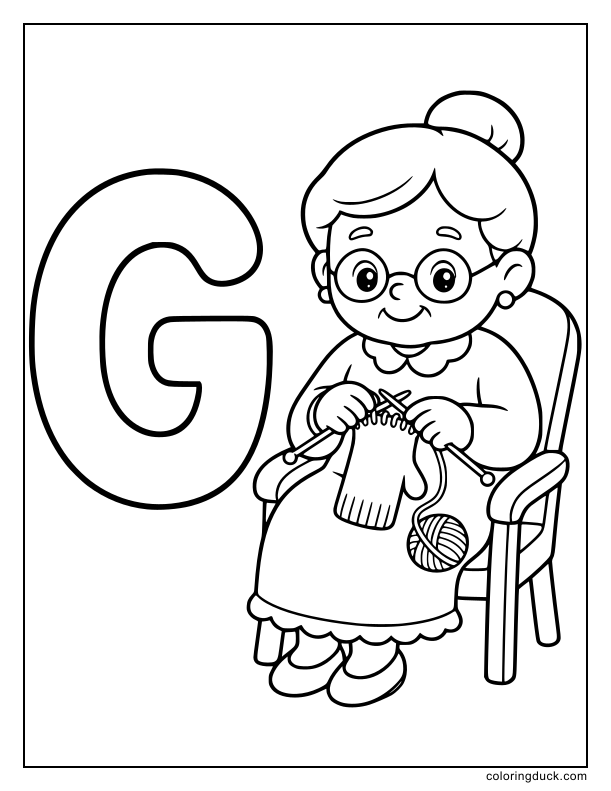 Sweet grandmother knitting a winter glove sitting beside a letter G.