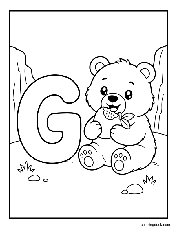 Fuzzy grizzly bear biting into a sweet guava next to a letter G.