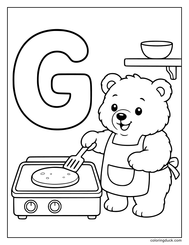 Fluffy grizzly bear baking a flat griddlecake next to a letter G.