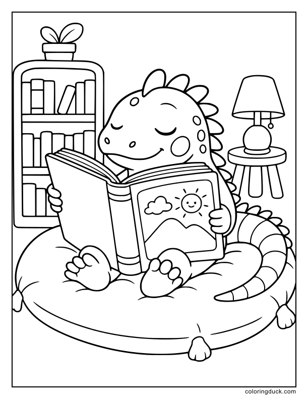 Sleepy iguana sitting on a large pillow reading a giant illustrated book.