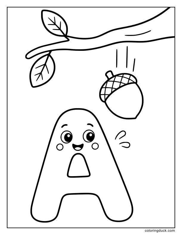 Big smooth acorn resting beside a friendly letter A under a single branch.