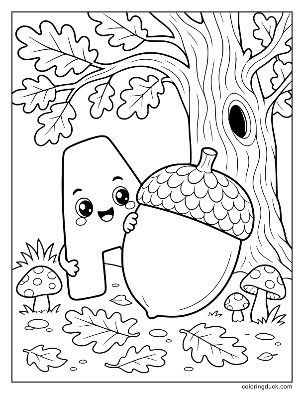 Under a large oak tree, the letter A peeking out from behind a gigantic smooth acorn.
