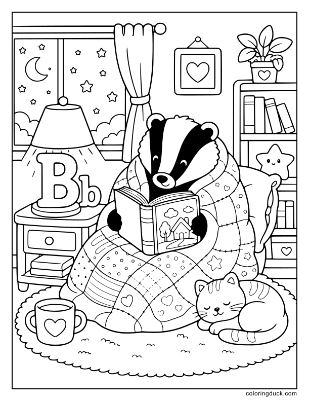 Snug badger wrapped in a blanket reading a thick storybook underneath a glowing letter B lamp.