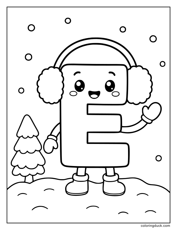 Shivering letter E wearing giant fluffy earmuffs in the snow.