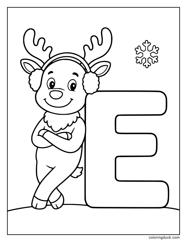 Elk wearing fluffy earmuffs leaning against a giant letter E.
