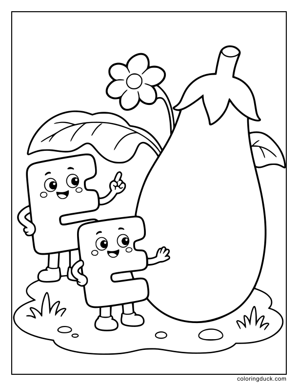 Two happy letter E characters watering a giant eggplant.