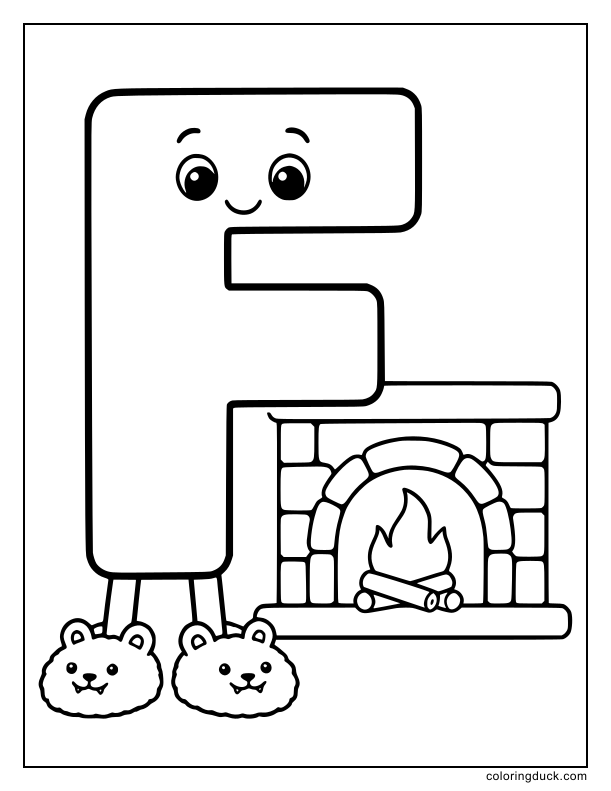 Giant letter F wearing funny fuzzy slippers on its feet.