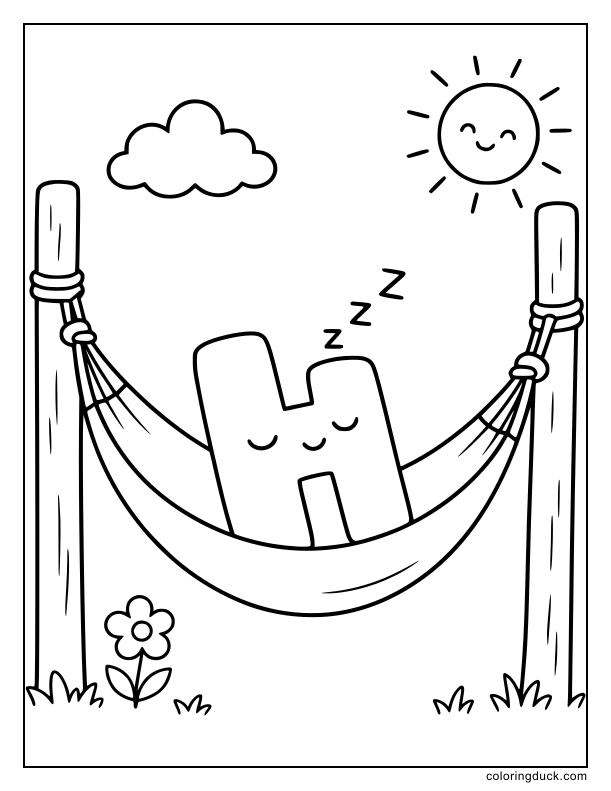 Sleepy letter H taking a quiet nap inside a swaying hammock tied between two simple posts.