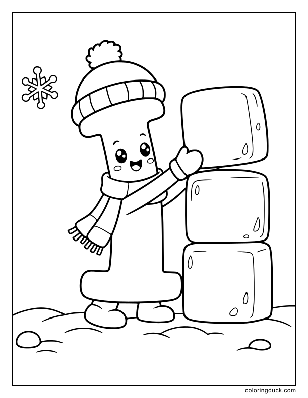 Playful letter I stacking huge square ice blocks to make a fort.