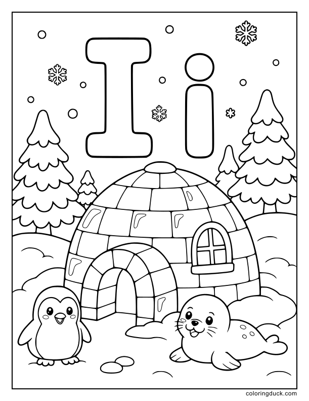 Beside a cozy domed igloo, a thick blocky letter I stands firmly in the frosty snow.
