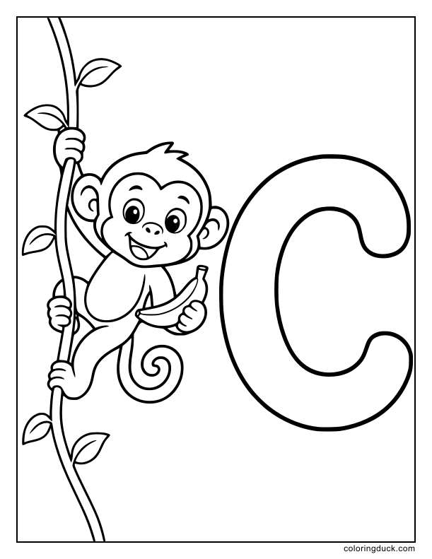 High up, a playful chimp reaching for a tasty banana near the letter C.