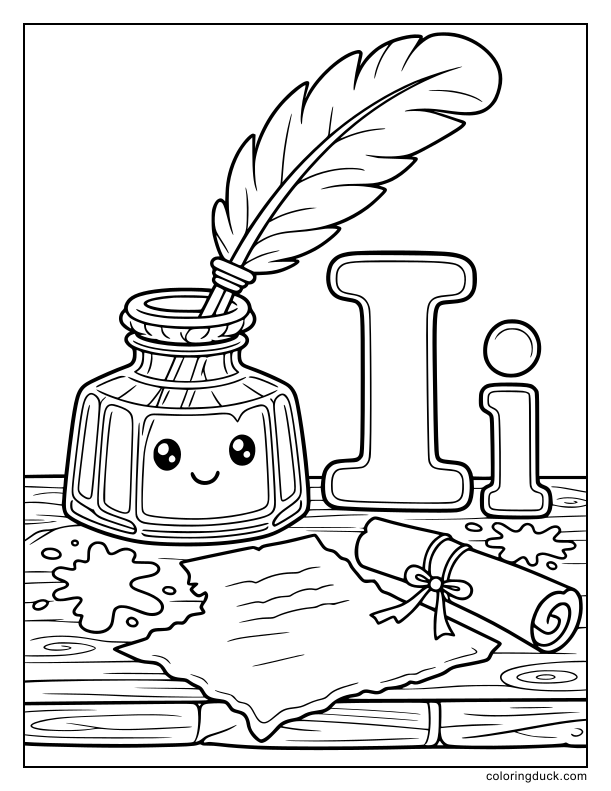 Two classic glass inkwells sit gracefully with a feather quill next to the letter I.