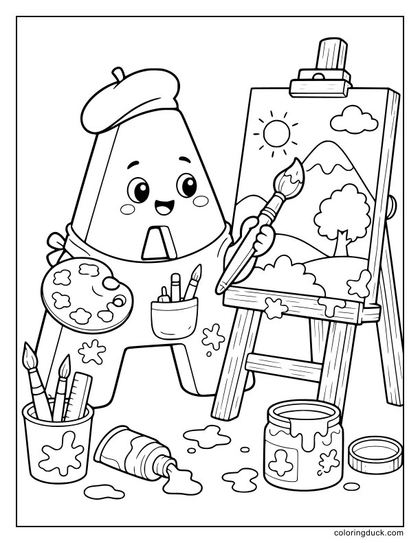 Wearing a messy smock, the letter A holding a brush and painting a masterpiece on a wooden easel.
