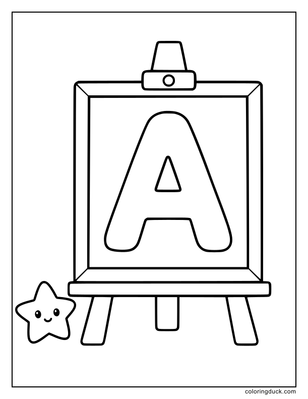 Framed simple painting of a letter A resting on a tiny wooden stand.