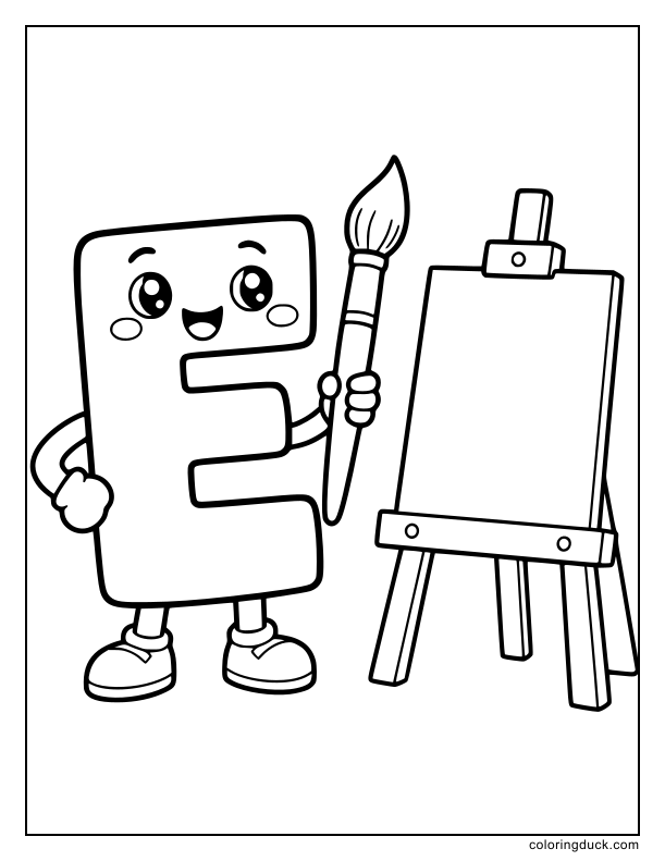 Cheerful letter E holding a brush in front of a wooden easel.